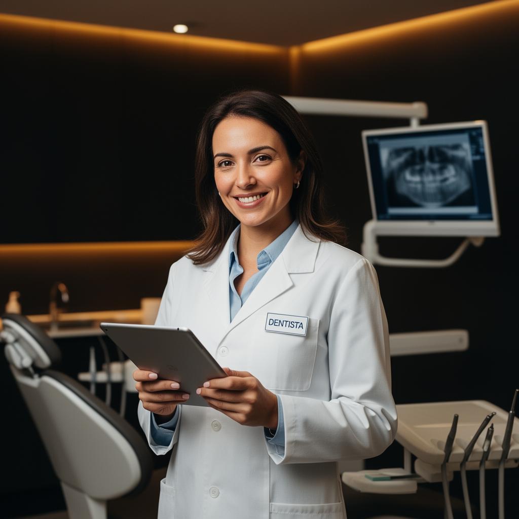 Dentista mulher em ambiente sofisticado refletindo sobre proteção financeira