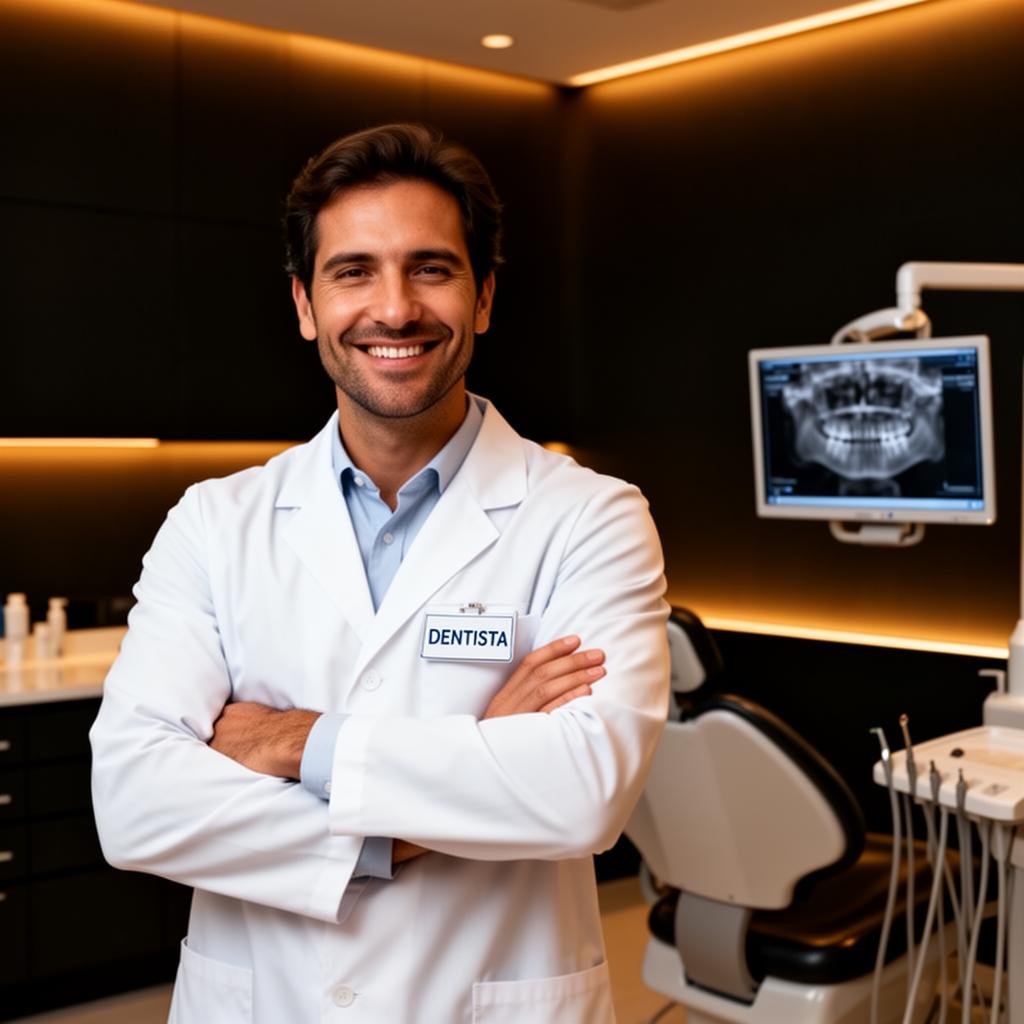 Dentista homem em ambiente sofisticado, refletindo segurança e proteção